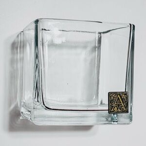 AROMATIQUE 4” Clear Glass Square Vase w Gold “A” - Makeup Brush or Pen Holder